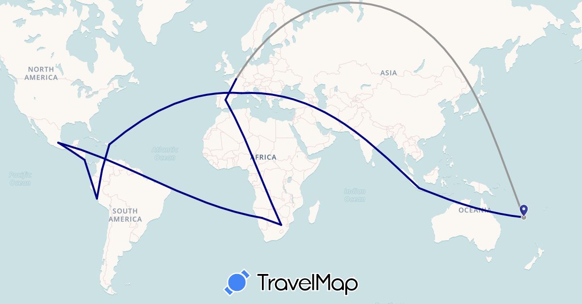 TravelMap itinerary: driving, plane in Colombia, Costa Rica, Dominican Republic, Spain, France, Indonesia, Mexico, Namibia, New Caledonia, Peru, South Africa (Africa, Asia, Europe, North America, Oceania, South America)